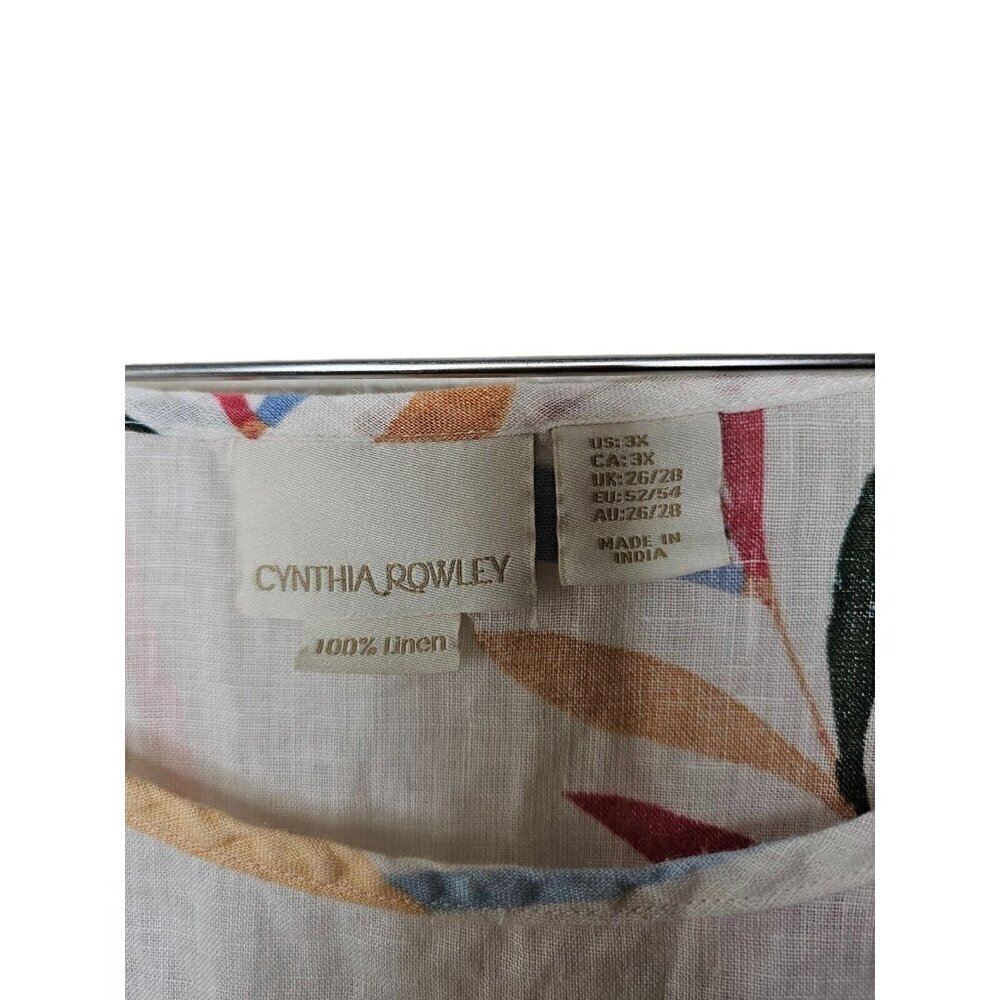 Cynthia Rowley Plus 3X Linen Blouse Top White Floral Leaf Print Tunic - Picture 3 of 8